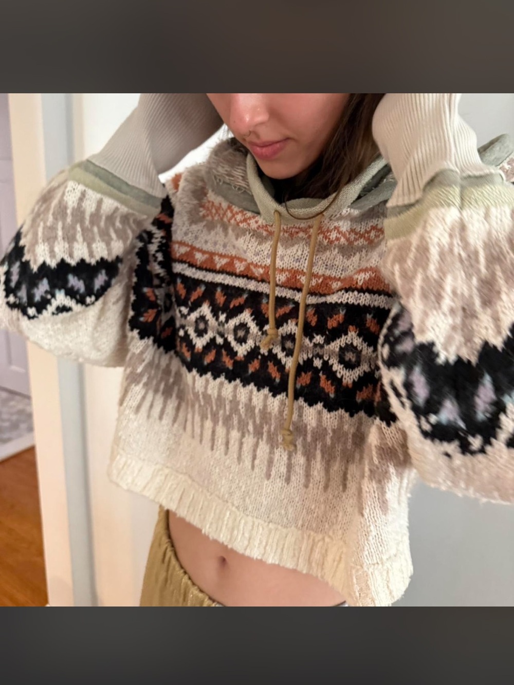 Free People Cropped Fair Isle Hoodie Sweater - Cream, Black & Brown